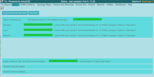 Network Health Monitor alarm and warning status page.